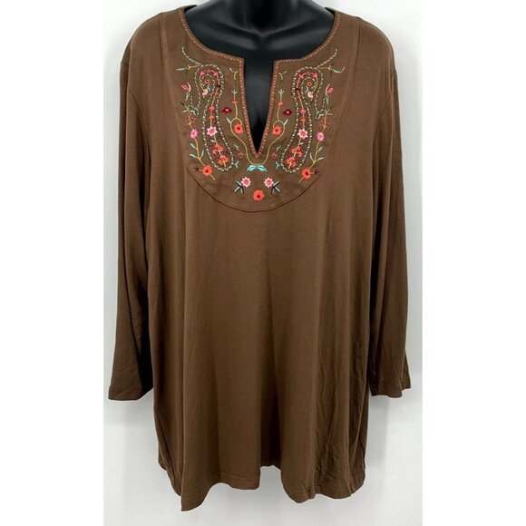 Apostrophe Blouse Size 20/22W Brown 3/4Sleeve Tunic Embroidered Floral Women New - Picture 1 of 8
